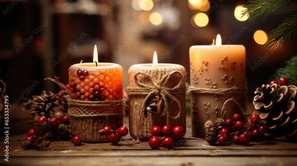 Christmas candles and lights composition rustic style. Christmas candle decoration with natural wooden elements, berries, green fir spruce branches, cinnamon Christmas candles and lights composition rustic style. Christmas candle decoration with natural wooden elements, berries, green fir spruce branches, cinnamon