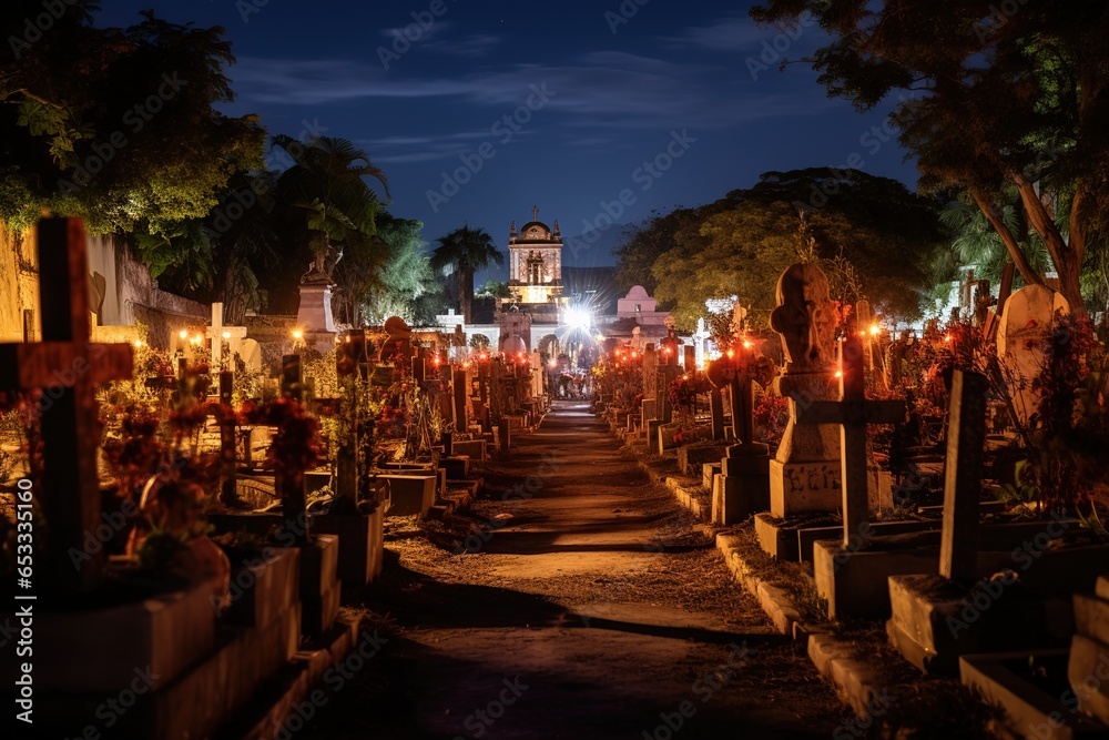 The cemetery at night during Day of the Dead