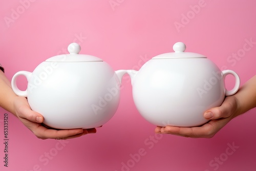 Two white porcelain teapots with a pink lid on a pink background.