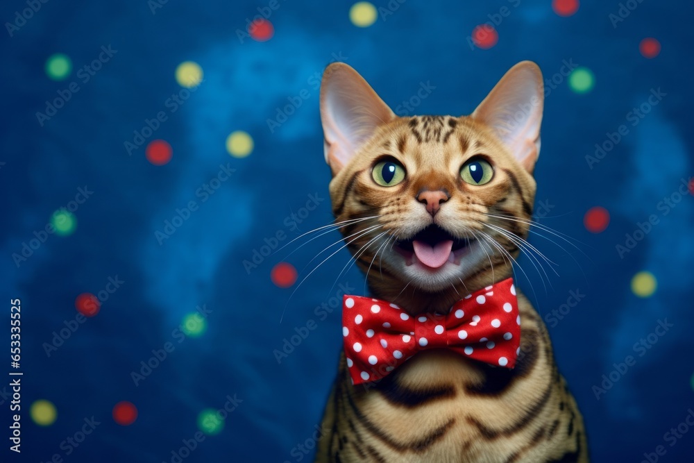 ocicat cat wearing a nifty bow tie against a navy blue background ocicat cat wearing a nifty bow tie against a navy blue background