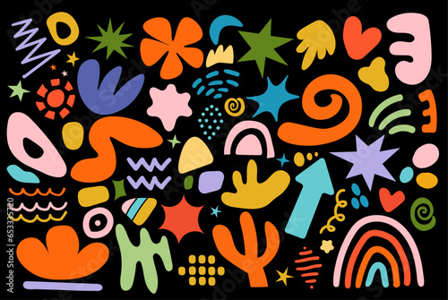 Set of abstract shapes on a black background, groove, hippie, retro colors. Vector illustration