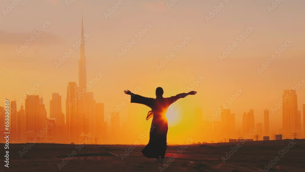 Arab woman rises her hands on Dubai city silhouette with sunset Arab woman rises her hands on Dubai city silhouette with sunset