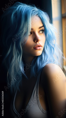 Portrait of Stunning Young Woman with Blue Hair Captured in Golden Hour and Natural Light, High-Quality Beauty Photography