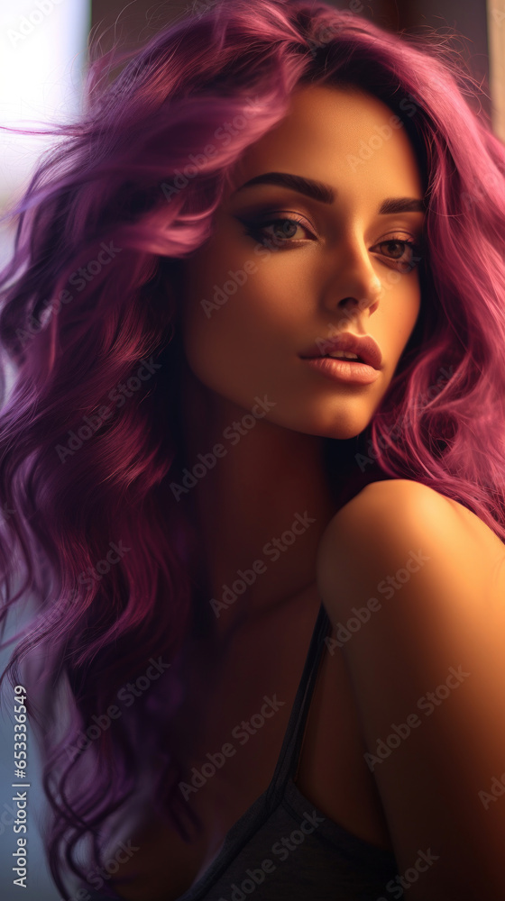 Portrait of Stunning Young Latino Woman with Purple Hair Captured in Golden Hour and Natural Light, High-Quality Beauty Photography