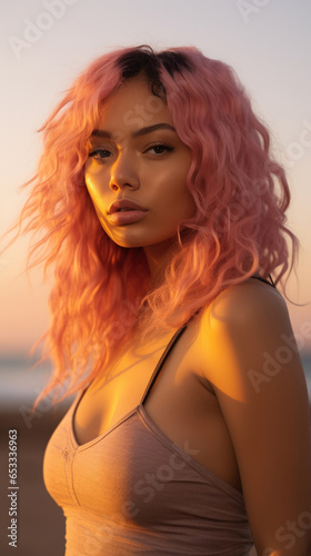 Portrait of Stunning Young Latino Woman with Pink Hair Captured in Golden Hour and Natural Light, High-Quality Beauty Photography