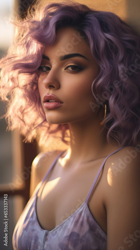 Portrait of Stunning Young Latino Woman with Purple Hair Captured in Golden Hour and Natural Light, High-Quality Beauty Photography © The_AI_Revolution