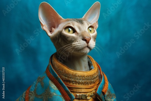 Photography in the style of pensive portraiture of a funny cornish rex cat wearing a pharaoh costume against a teal blue background. With generative AI technology © Markus Schröder