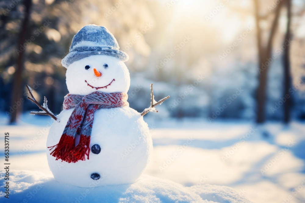 Snowman is standing in the snow with hat and scarf, christmas winter scene background. Merry christmas and happy new year greeting card with copy space.
Snowman is standing in the snow with hat and scarf, christmas winter scene background. Merry christmas and happy new year greeting card with copy space.