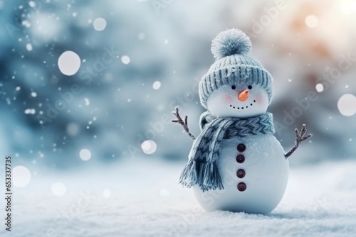 Snowman is standing in the snow with hat and scarf, christmas winter scene background. Merry christmas and happy new year greeting card with copy space. 