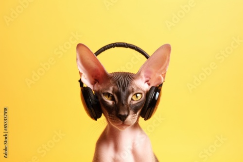 Medium shot portrait photography of a smiling oriental shorthair cat wearing a devil horns headband against a pastel yellow background. With generative AI technology