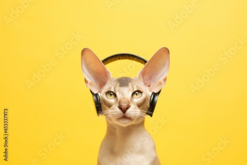Medium shot portrait photography of a smiling oriental shorthair cat wearing a devil horns headband against a pastel yellow background. With generative AI technology