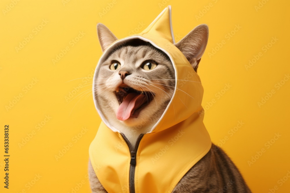 Medium shot portrait photography of a smiling serengeti cat wearing a shark fin costume against a pastel yellow background. With generative AI technology
