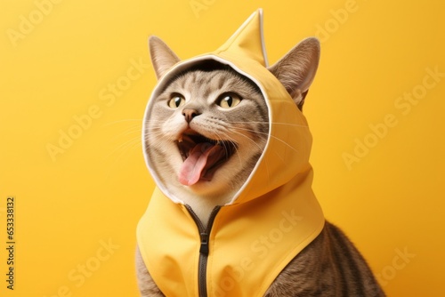 Medium shot portrait photography of a smiling serengeti cat wearing a shark fin costume against a pastel yellow background. With generative AI technology