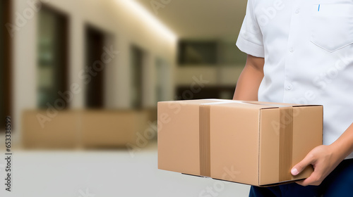 Delivery man holding parcel box © May Thawtar