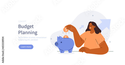 Budget planning concept. Character putting coin in piggy bank and planning invest strategy, budget and savings. Vector illustration.

