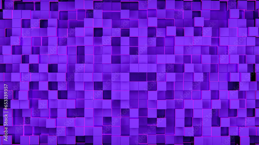 Background with moving chaotic cubes. Design. Background with squares extending into field. 3D cubes move like wall