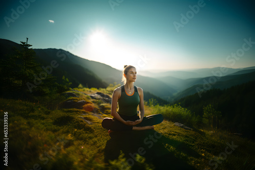 Young woman doing yoga outdoor. Background of beautiful mountains