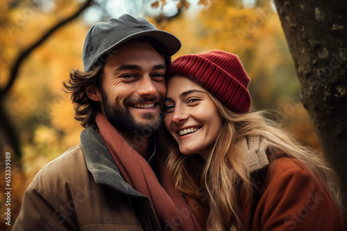 Generative AI portrait picture of happy young couple passionate portrait autumn vibe © Tetiana