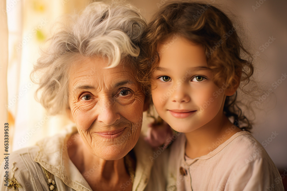 Generative Ai picture of happy beautiful grandma spending time with her family cuddling baby Generative Ai picture of happy beautiful grandma spending time with her family cuddling baby