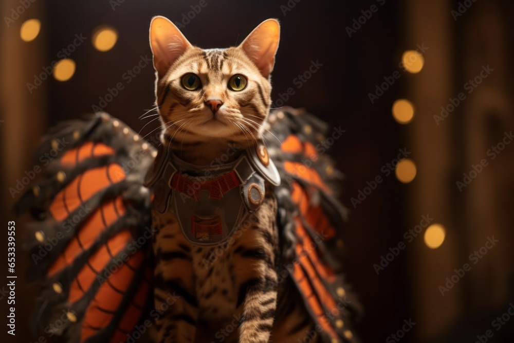 Environmental portrait photography of a cute ocicat cat wearing a butterfly wings harness against a rustic brown background. With generative AI technology