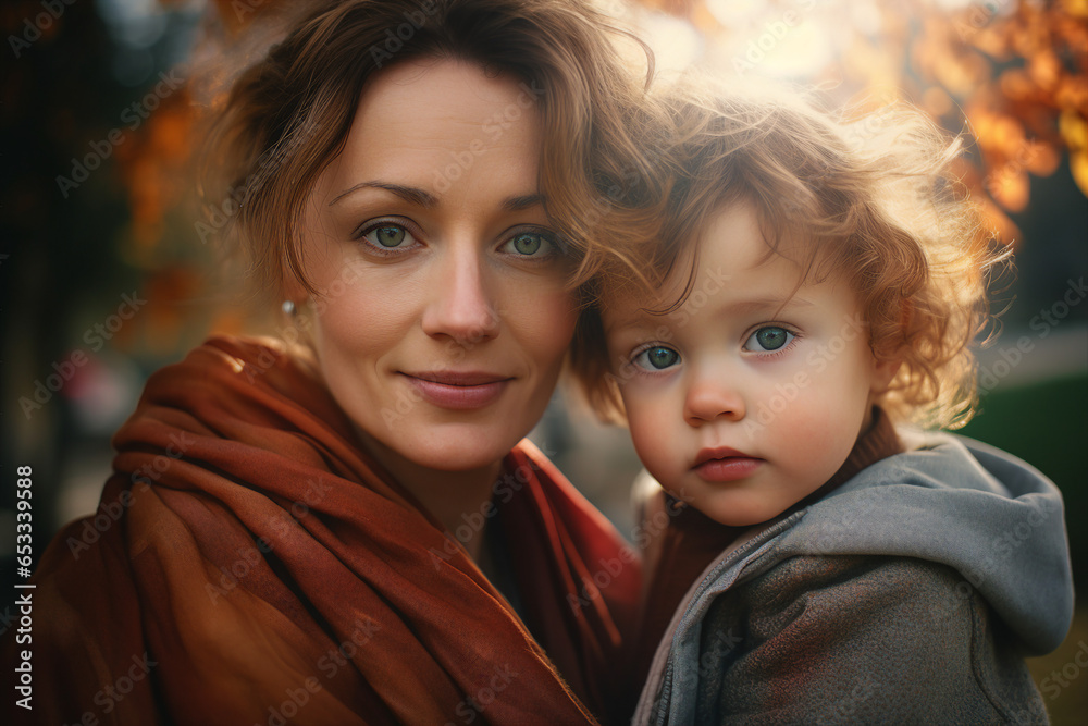 Generative AI photography of young lovely mother walking and hugging small cute baby Generative AI photography of young lovely mother walking and hugging small cute baby