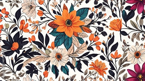 A Detailed Illustration Of Seamless Patterns, Boho, Summer Flowers, White Background.