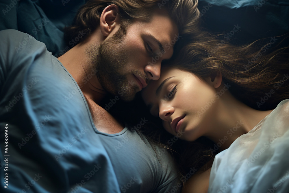 Couple portrait two lovers sleeping together in bed sensual love Generative AI Couple portrait two lovers sleeping together in bed sensual love Generative AI