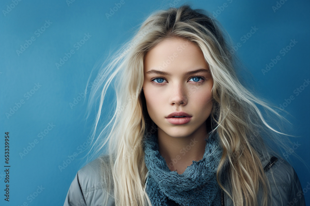 Generative Ai portrait of young woman natural beauty wear winter season clothes isolated on blue color background Generative Ai portrait of young woman natural beauty wear winter season clothes isolated on blue color background