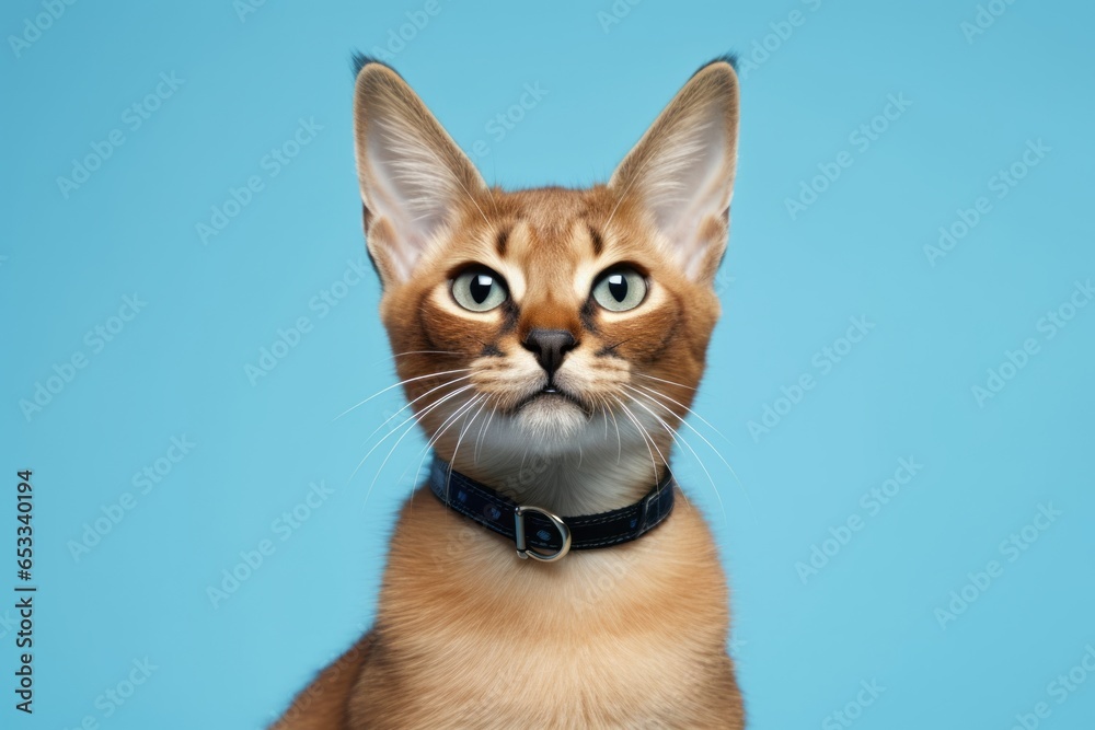 Lifestyle portrait photography of a cute caracal cat wearing a bell collar against a soft blue background. With generative AI technology