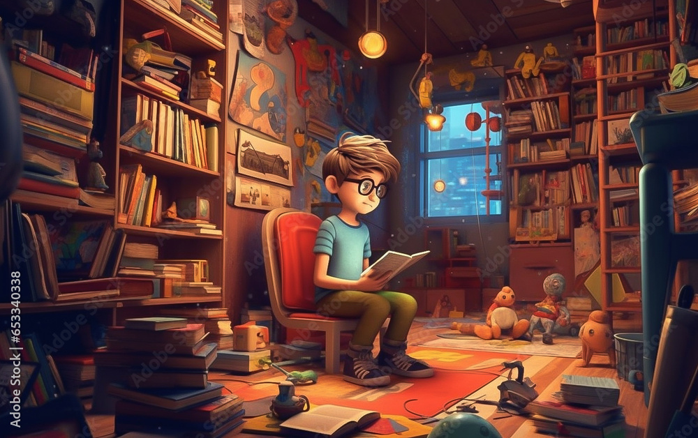 A boy is reading a book in his room
