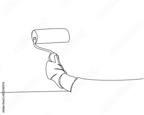 Paint roller in hand, protective gloves for repair one line art. Continuous line drawing of repair, professional, people, service, concept, support, maintenance, work, technician, wrench.