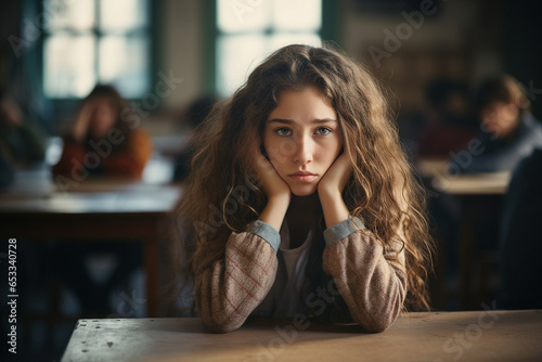 Photography generative AI concept of lovely girl high school student sitting at the table in classroom during lecture photo