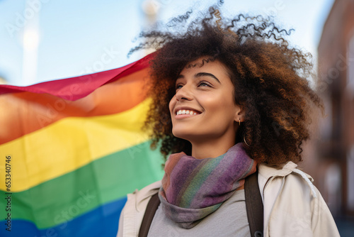 Generative AI portrait of beautiful proud young woman lgbt pride demonstration with a rainbow flag