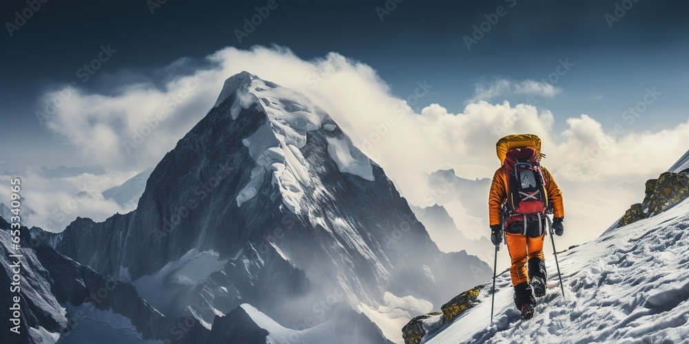 AI Generated. AI Generative. Winter snow ice mountain hiking trekking exploration adventure active lifestyle motivation landscape background. Graphic Art