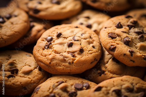 Close up generative AI image of chocolate chip tasty cookies