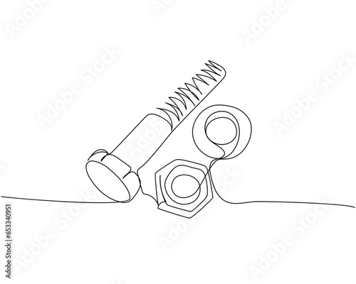 Screw, bolt and nut, dowel, pin, pintle one line art. Continuous line drawing of repair, professional, hand, people, concept, support, maintenance.