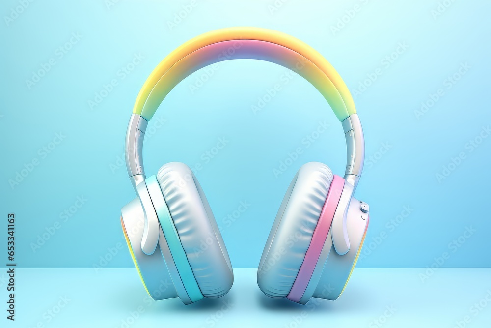 Rainbow headphone on pastel background. 3d render