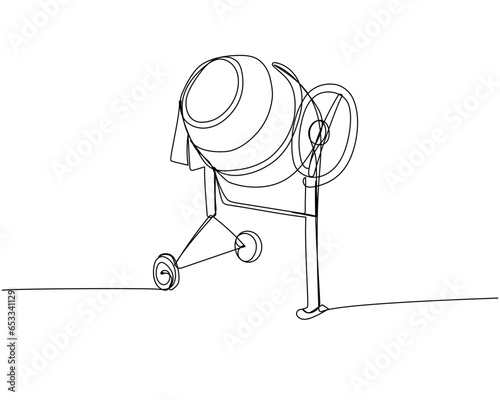 Portable concrete mixer, Electric Concrete Mixer, Cement Hand Mixer one line art. Continuous line drawing of repair, professional, hand, people, concept, support, maintenance.