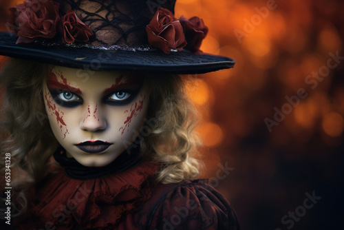 Portrait of beautiful woman daark witch halloween catrina made with Generative AI photo