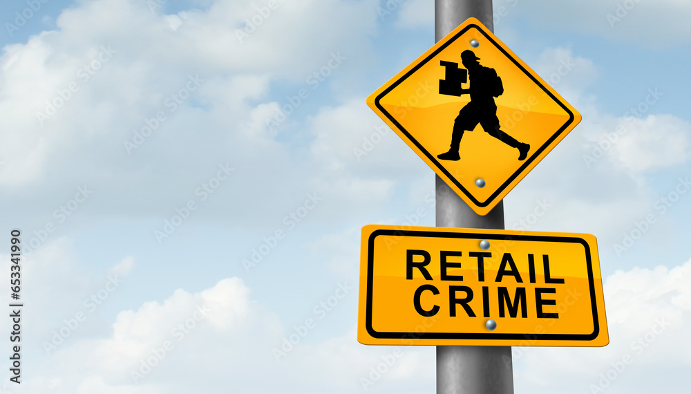 Retail crime theft problem robbing and shoplifting stores business concept of a shoplifter stealing merchandise from a retailer as a thief committing larceny