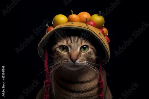 Lifestyle portrait photography of a smiling havana brown cat wearing a fruit hat against a dark grey background. With generative AI technology © Markus Schröder