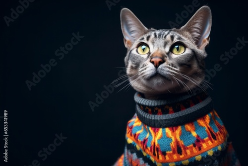 Lifestyle portrait photography of a happy serengeti cat wearing a fish-patterned sweater against a dark grey background. With generative AI technology