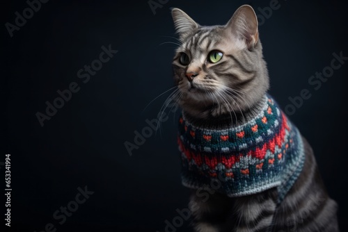 Lifestyle portrait photography of a happy serengeti cat wearing a fish-patterned sweater against a dark grey background. With generative AI technology