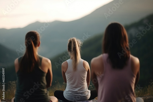 Woman party, They making yoga in the lotus position. mountain background.