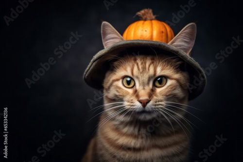 Close-up portrait photography of a funny australian mist cat wearing a pumpkin hat against a dark grey background. With generative AI technology © Markus Schröder