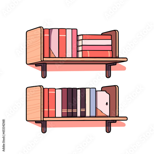 Wall-mounted bookshelf vector icon in minimalistic, black and red line work, japan web