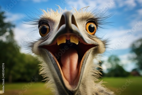 an ostrich with wide eyes and a wide open mouth. The creative concept of funny and cute animals.