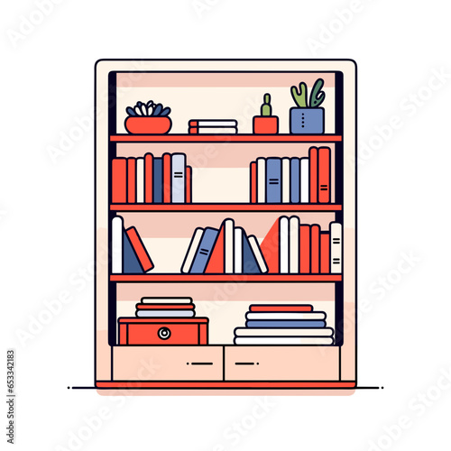 Wall-mounted bookshelf vector icon in minimalistic, black and red line work, japan web