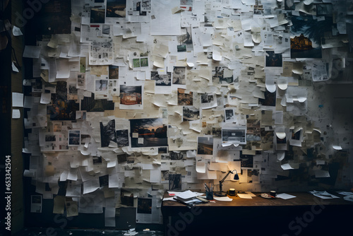 investigation paper cuting pasted on bord like a spy annalisis on wall or bord detective annalisis, images sticked on wall papercutouts room of a spy or dtective Investigation, Spy analysis, Detective