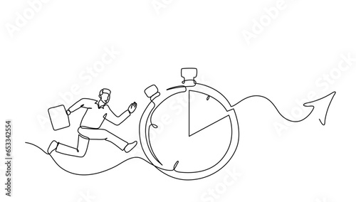continuous line drawing of man running with bag and time to go to work, timer, people, concept for business vector illustration